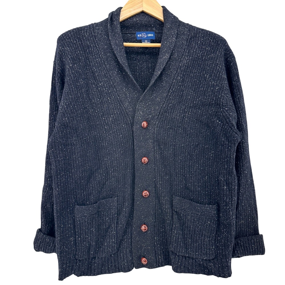 90s Alan Flusser Cardigan Sweater Shawl Collar Lambswool Silk Blue Black XL VTG